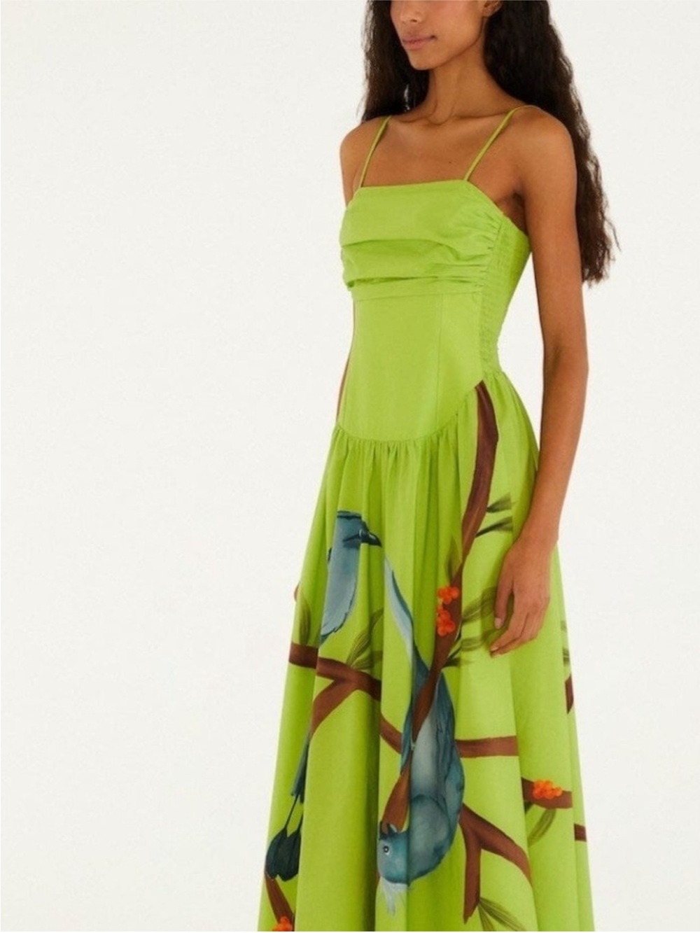 FARM Rio Lime Green Spaghetti Strap Maxi Dress with Blue Bird Print L NWT - Picture 4 of 16